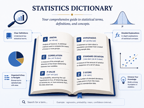 A mockup of the StatisticsCorner Statistical Dictionary, showing an open book with definitions for ANOVA, Correlation, P-Value, Hypothesis, Standard Deviation, and Z-Score, plus feature callouts for clear definitions, detailed explanations, easy navigation, and building statistical knowledge.