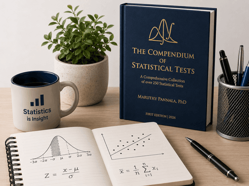 A desk scene with The Compendium of Statistical Tests by Maruthy Pannala, PhD standing upright beside a 'Statistics is Insight' mug of coffee, a small potted plant, a cup of pens, and an open spiral notebook sketched with a normal distribution curve and a scatter plot with a regression line.