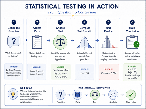 A six-step infographic titled 'Statistical Testing in Action: From Question to Conclusion' -- Define the Question, Collect Data, Choose Test, Compute Test Statistic, Find P-value, and Make Conclusion, each with a worked example.