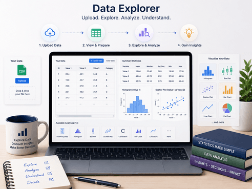 A mockup of the StatisticsCorner Data Explorer tool: a 4-step Upload / View & Prepare / Explore & Analyze / Gain Insights flow above a laptop screen showing an editable data grid, summary statistics, a histogram, and a scatter plot, flanked by a chart-type picker and a stack of statistics books.