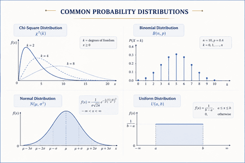 A reference card of common probability distributions: Chi-Square, Binomial, Normal, and Uniform, each with their formula and a plot of their shape.